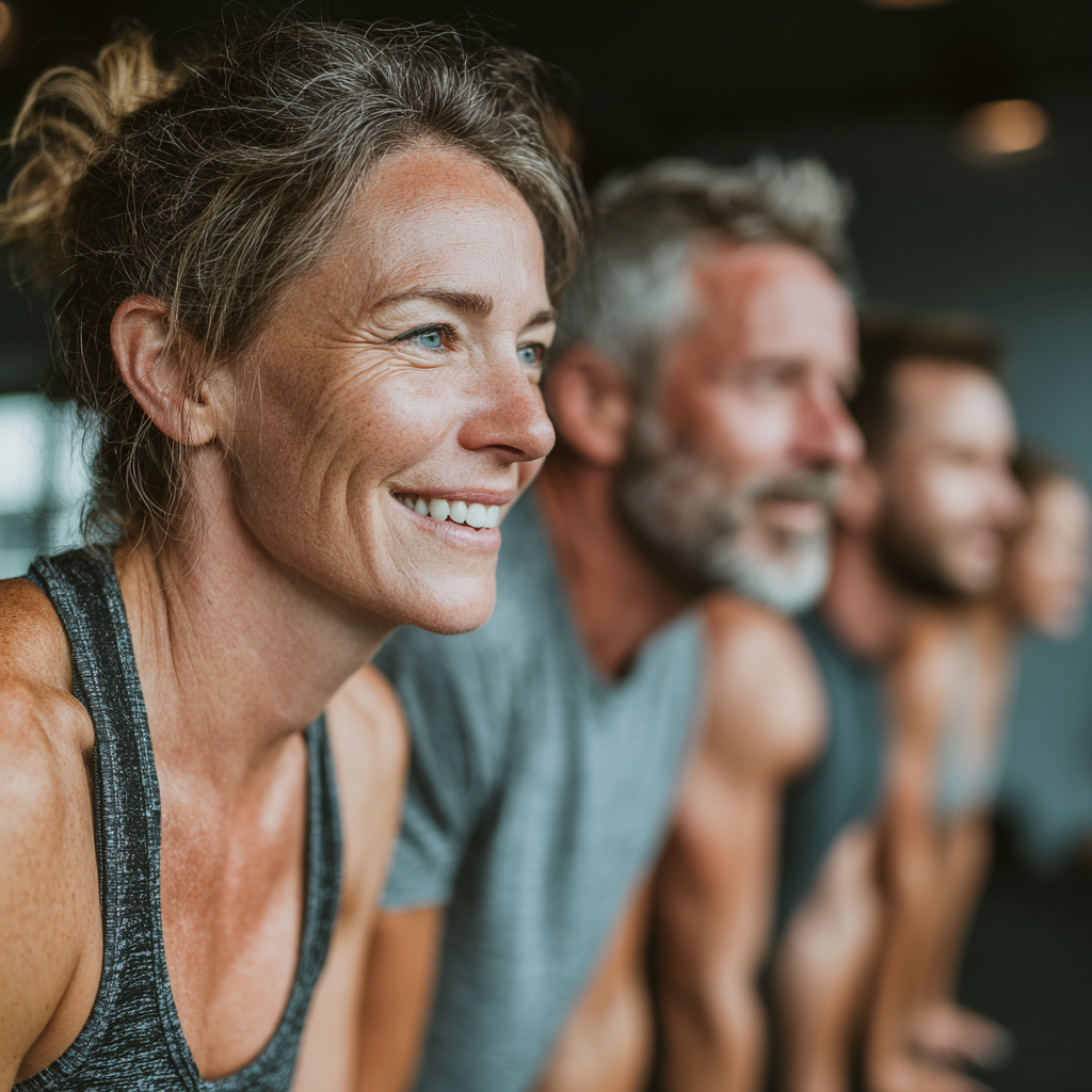 Group of active adults aged 40-55 working out together in bright modern fitness studio, showing teamwork and motivation