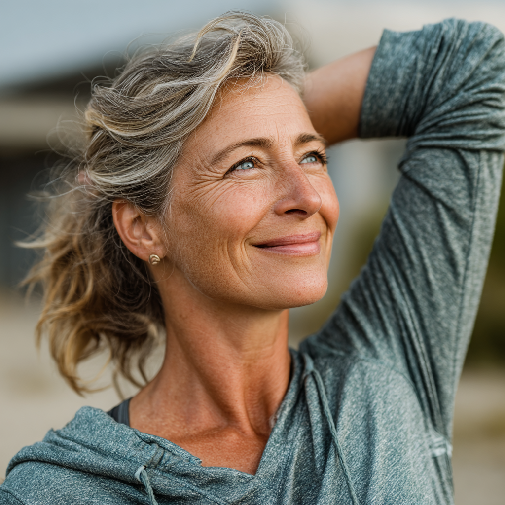 Happy mature woman in her 50s stretching outdoors after workout, smiling with confidence and vitality